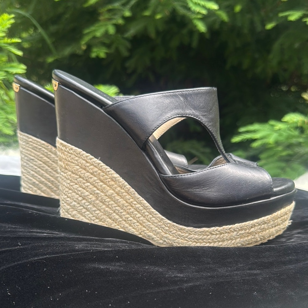 NWOB Jimmy Choo platform Wedge Heeled Black Leather Esparille Sandals Sz 6.5